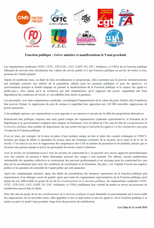 Communiqué intersyndical pour la défense de la Fonction Publique