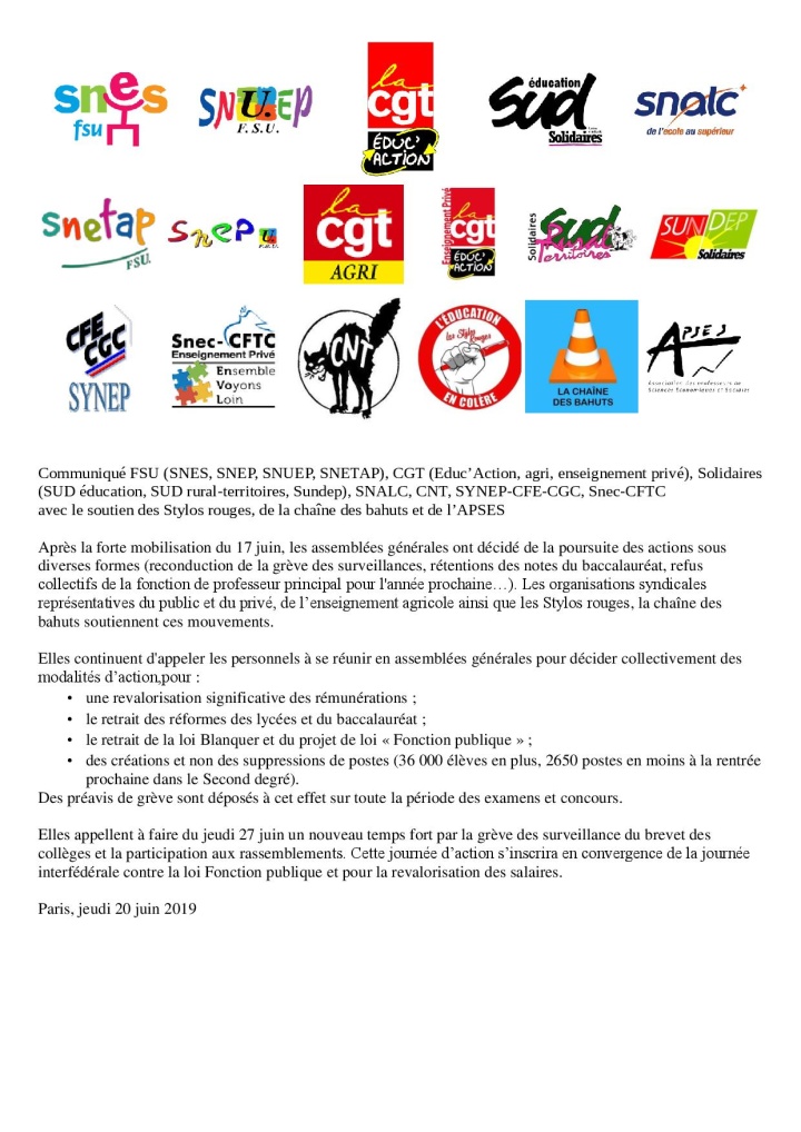 Communiqué de l'intersyndicale